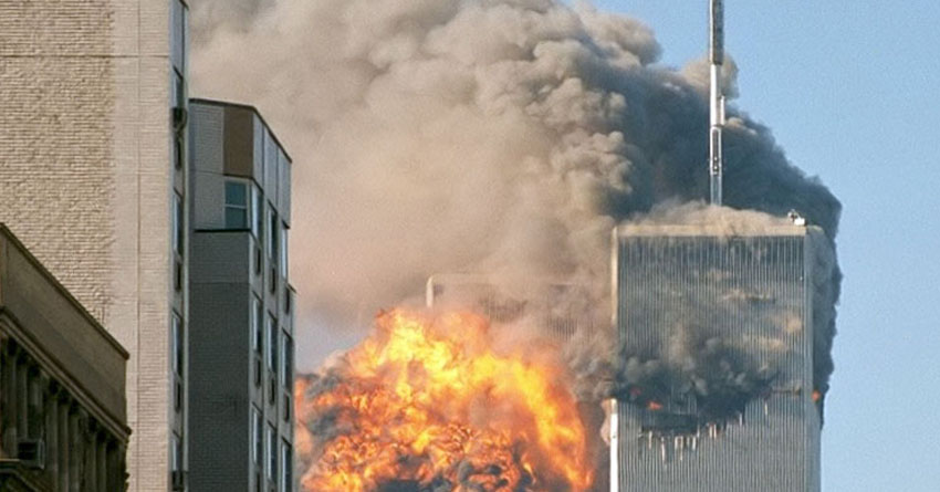 United Airlines Flight 175 crashes into the south tower of the World Trade Center complex in New York City during the September 11 attacks